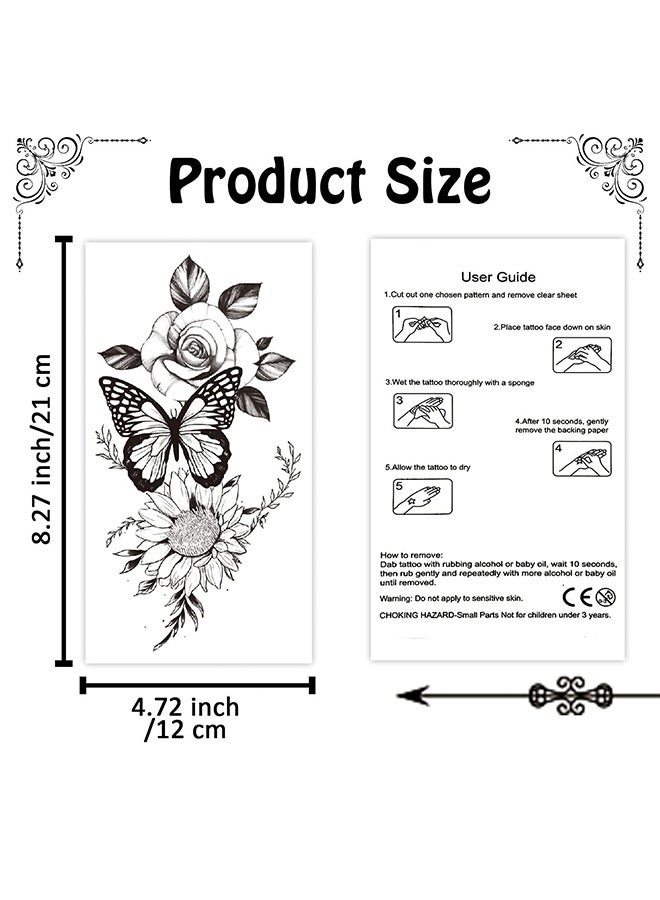 ·6 قطع من ملصقات الوشم المؤقت - وشم على شكل زهرة وهمية وشم شبه دائم على شكل نصف ذراع، وشم مزيف مقاوم للماء للنساء البالغات والبنات على الكتف والذراع والساق والظهر - Image 2